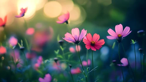 Pink cosmos flowers blooming in golden morning light.