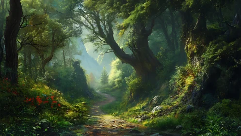 Luminous Forest Corridor with Advanced Atmospheric Rendering and Volumetric Light Scattering