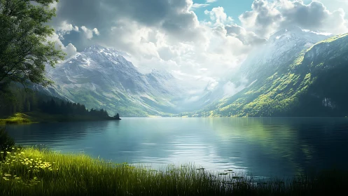 Mountain lake panorama under dramatic volumetric clouds.