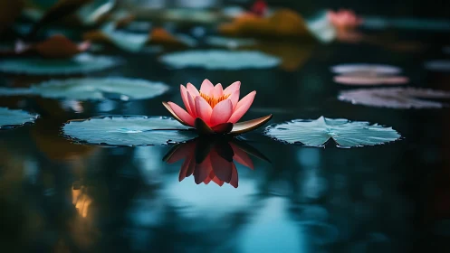 Serene pink water lily glows softly on a still twilight pond