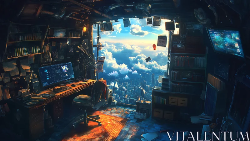 Skyline hacker&rsquo;s nest opening onto a cloud-drenched city portal.