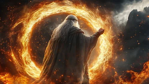Wizard stands before blazing fiery portal in stormy mountains.