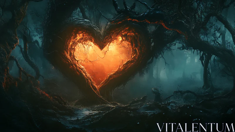 Heart-Shaped Opening in Dead Forest with Luminescent Interior.