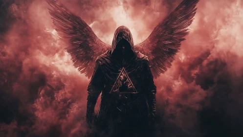 Hooded fallen angel emerges from blood-red swirling smoke