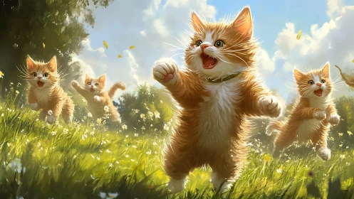 Joyful Ginger Kittens Leaping Through Golden Meadow.