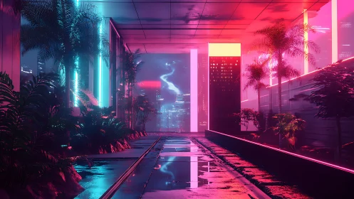 Neon corridor with wet floor and city skyline in distance