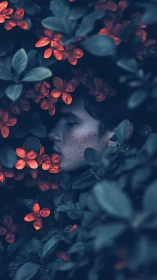 Human face partially obscured by dense foliage and flowers.