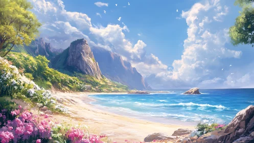 Tropical Beach Cove with Dramatic Cliffs and Blooming Flowers.