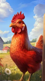 Vibrant Red Rooster Portrait in Pastoral Farm Setting.