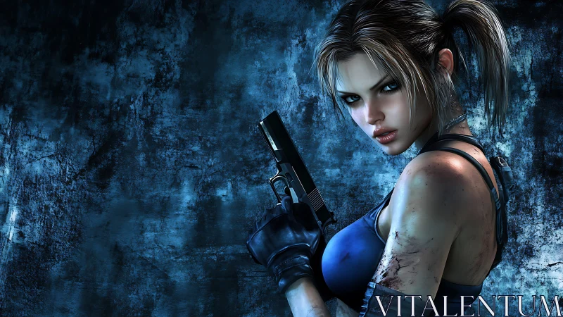 Armed female fighter in blue tactical gear against wall.