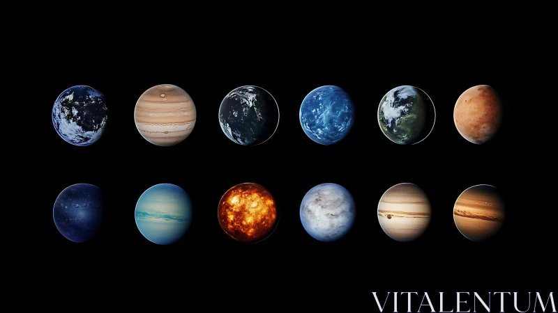 Rendered planetary array demonstrates varied atmospheres, albedo, and texture