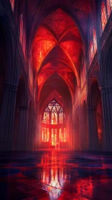 Gothic cathedral interior lit by intense red stained glass.