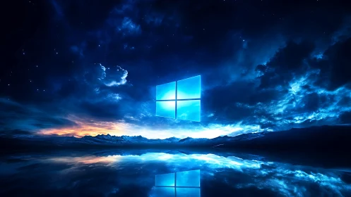 Windows logo over reflective water under night sky.
