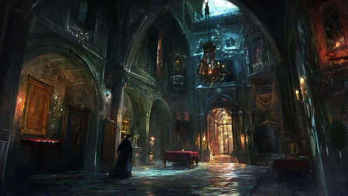 Moonlit wanderer crossing a forgotten cathedral hall.