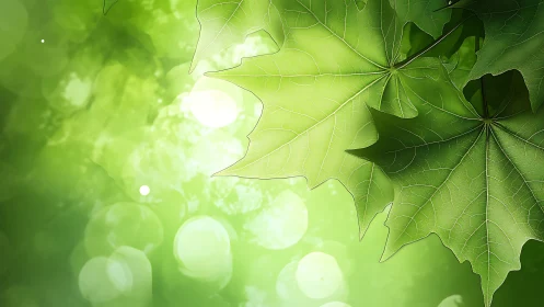 Sunlit maple leaves over dream-bright forest bokeh glow.