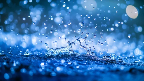 Macro water splash with glowing blue bokeh highlights.