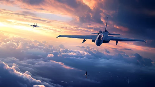 Strategic bomber formation over luminous storm-tinted clouds.