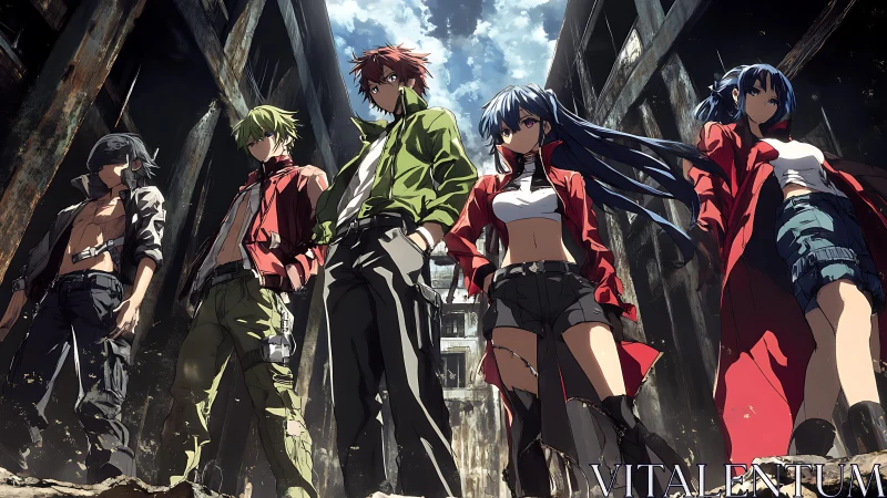 Group of anime characters in ruined urban alleyway setting.