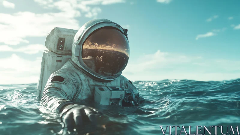 Stranded astronaut drifting through open ocean at sunrise.