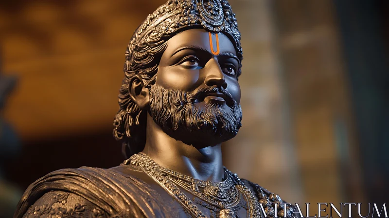 Highly detailed metallic statue of regal warrior with ornate crown