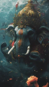 Divine elephant deity statue under luminous water glow.