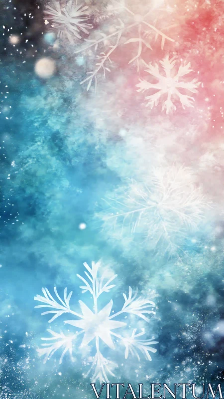 Iridescent snowflakes drift across blue and pink winter haze
