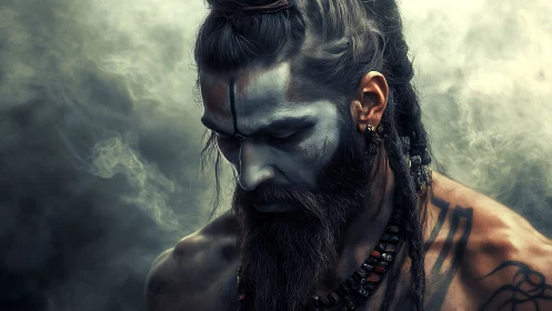 Warrior figure with painted face looks down amid dense smoke