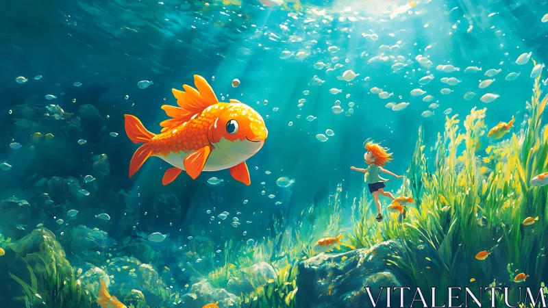 Giant goldfish meets joyful child in sunlit underwater world