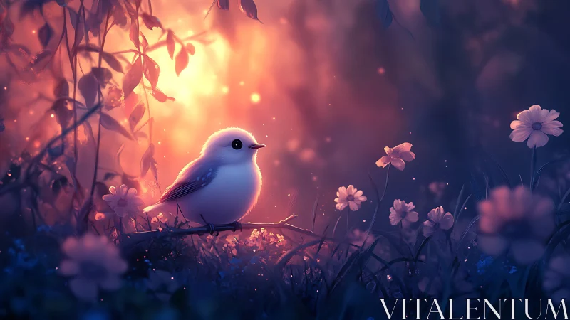 Luminous songbird glows amid twilight meadow blooms.