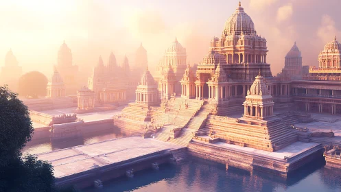 Sunlit riverside temple city rising through morning mist.