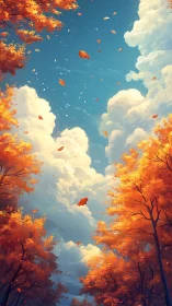 Copper leaves drift upward to greet the enormous autumn sky