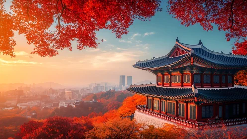 Sunlit autumn pagoda overlooking a calm modern cityscape.
