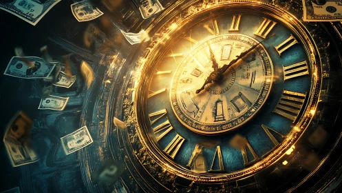 Golden clock face with flying money in dynamic motion.