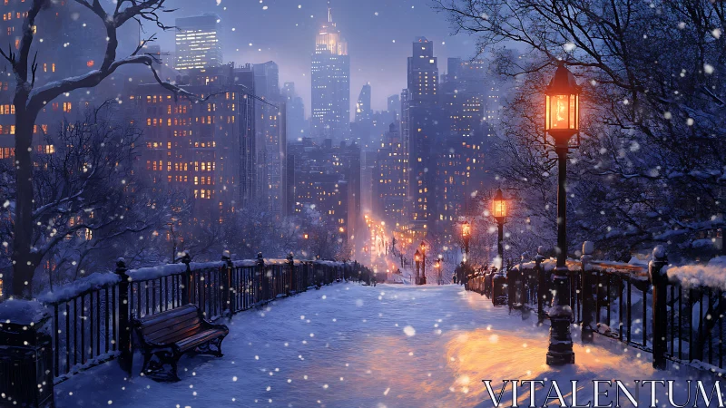 Snowy city park path glows under warm winter lamplight.