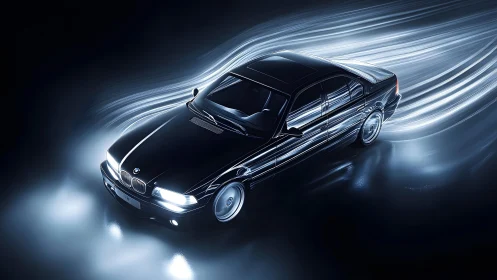Sleek black BMW sedan in dynamic light trail, futuristic style.