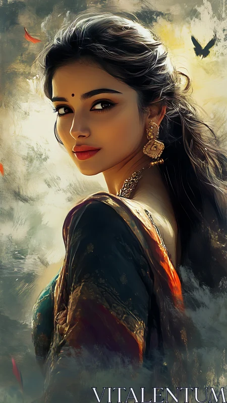 Elegant woman in traditional attire turns through painted light