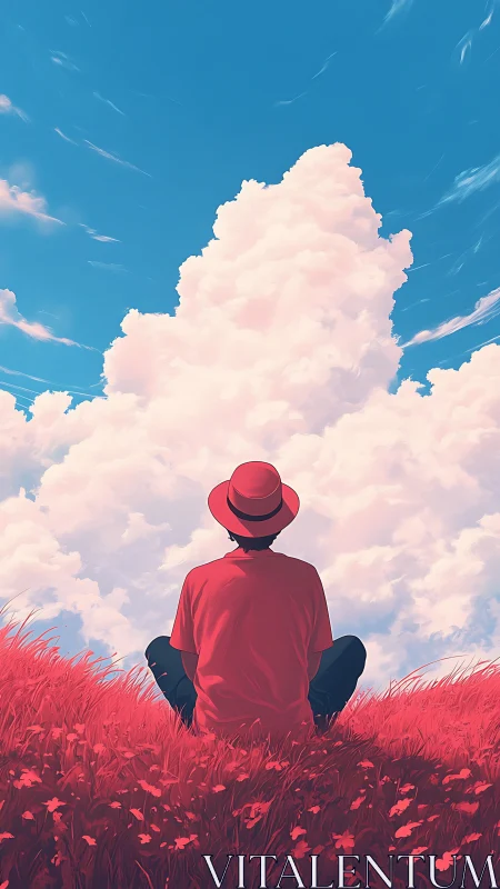 Backlit figure observing cumulonimbus under saturated bicolor sky