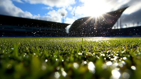 Morning sun over wet stadium pitch in dramatic focus.