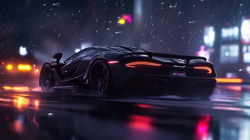 Black supercar on wet neon city street at night in rain.