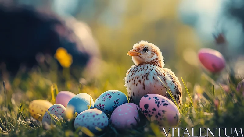 Small bird among decorated eggs in sunlit grass field.