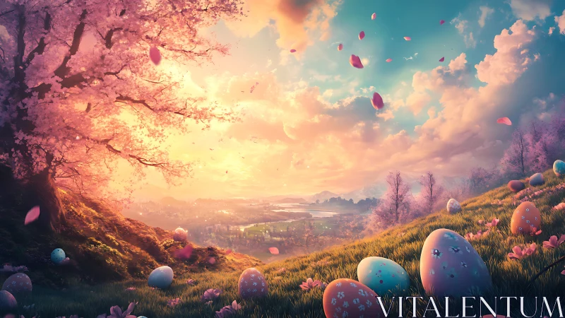 Fantasy hillside Easter meadow glows under pastel sunrise sky