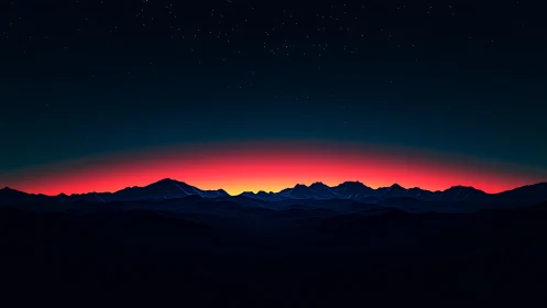 Nocturnal mountain ridge under neon-red twilight horizon