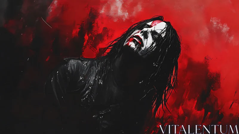 Tormented figure in crimson storm of abstract anguish.