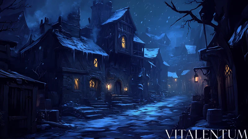 Midnight snowstorm over lantern-lit medieval alleyway dreams.