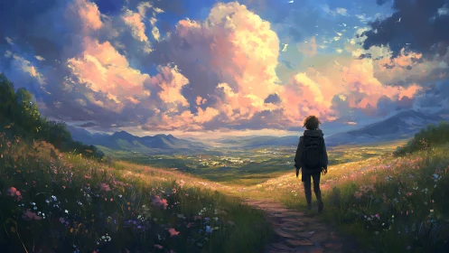 Hiker on wildflower path overlooking valley under clouded sky.