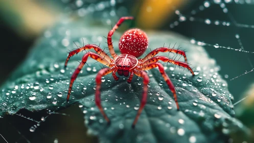 Red dew-covered spider on wet green leaf in close focus.