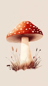 Stylized fly agaric mushroom over minimal beige field.