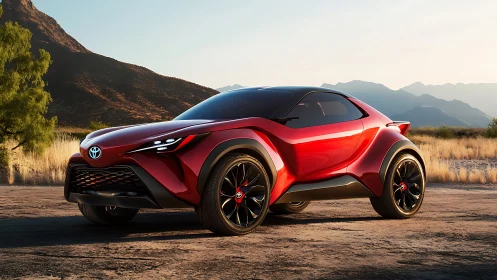 Red Toyota crossover concept car on desert mountain road.