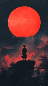 Warrior silhouette under burning crimson eclipse sky.
