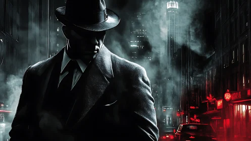 Noir detective stalks a shadowed city under crimson lights.